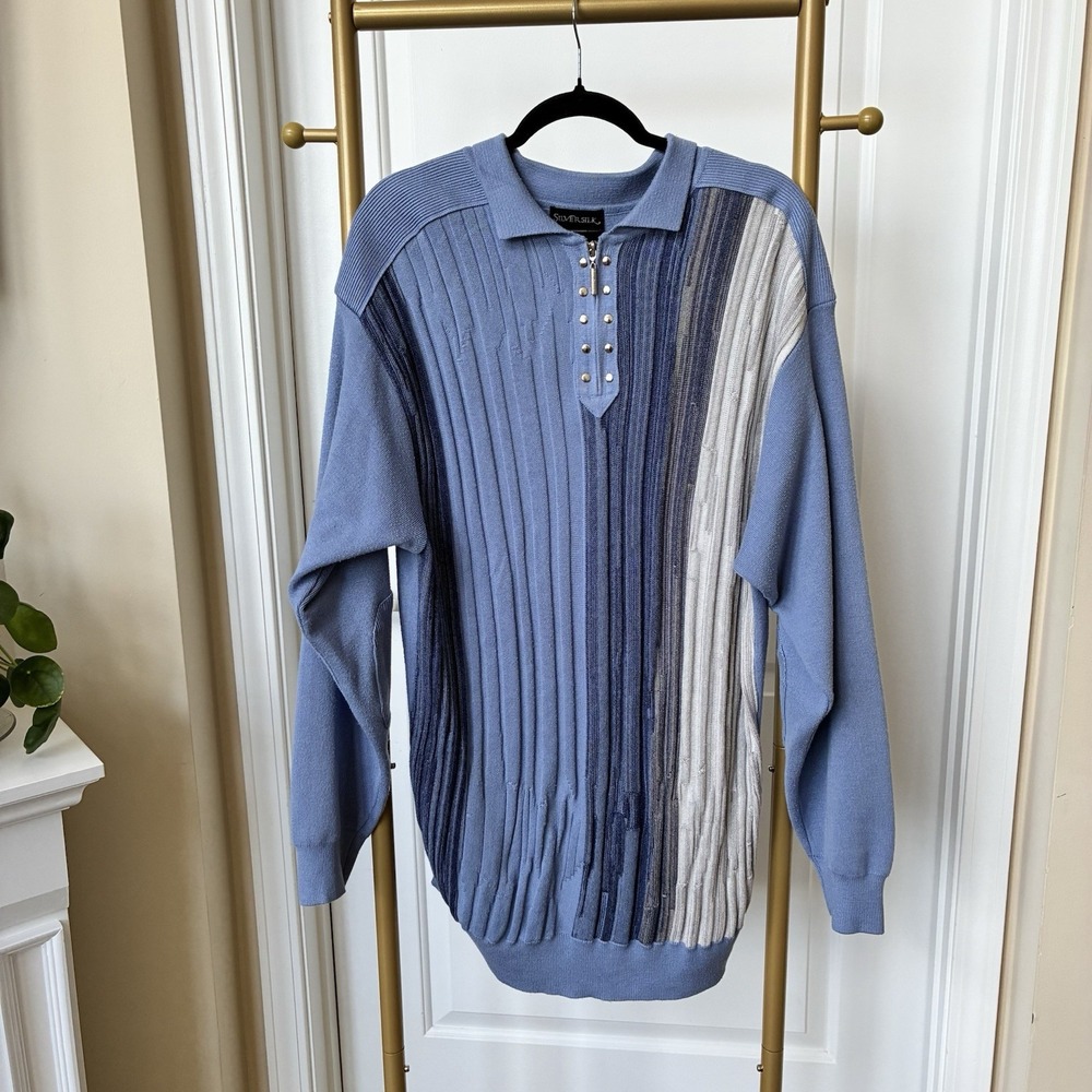SilverSilk Vintage Mens 3XL Multi Pattern Polo Knit Sweater Grandpacore Blue